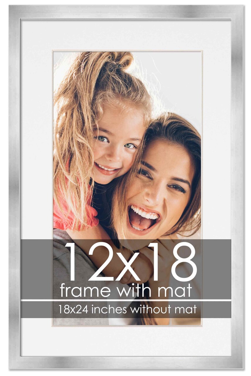12x18 Frame with Mat - Silver 18x24 Frame Wood Made to Display Print or Poster Measuring 12 x 18 Inches with White Photo Mat